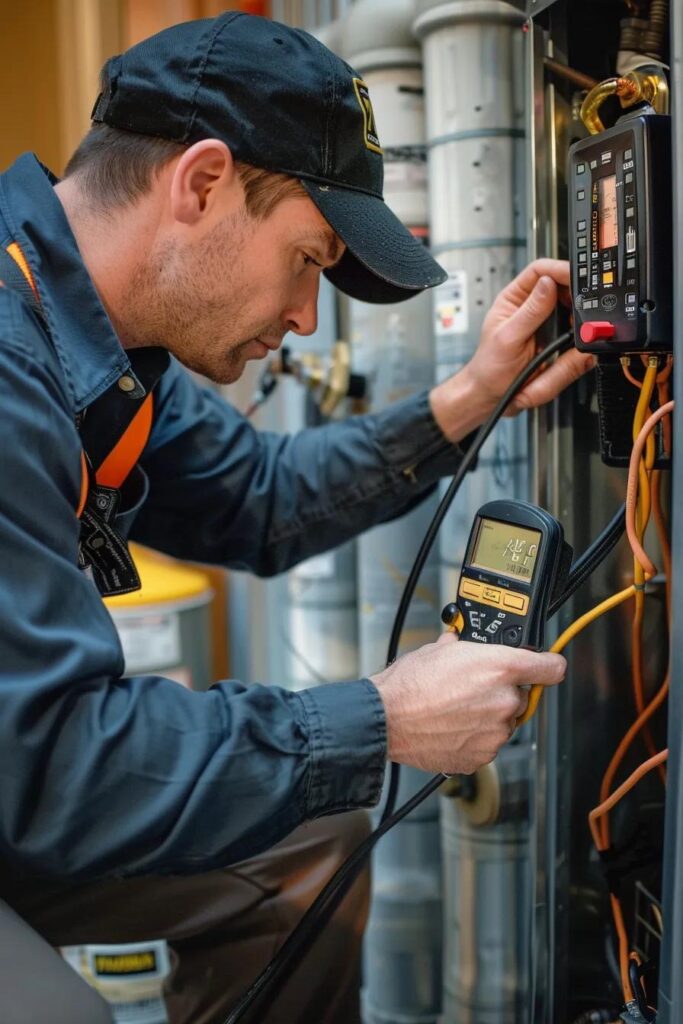 Technician diagnosing a heating system during an emergency repair in a residential setting