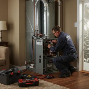 Honest Heating and Cooling technician repairing a furnace in a cozy home environment