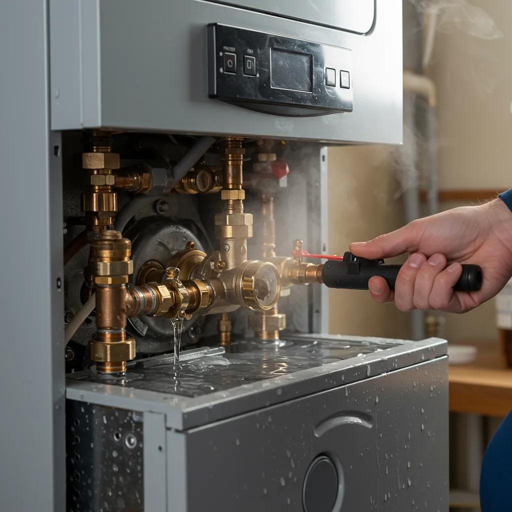 Technician inspecting a malfunctioning boiler with visible water pooling and steam release