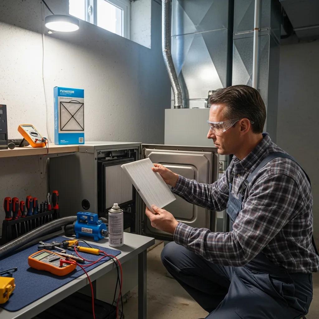 Homeowner checking a furnace filter and vents during winter maintenance