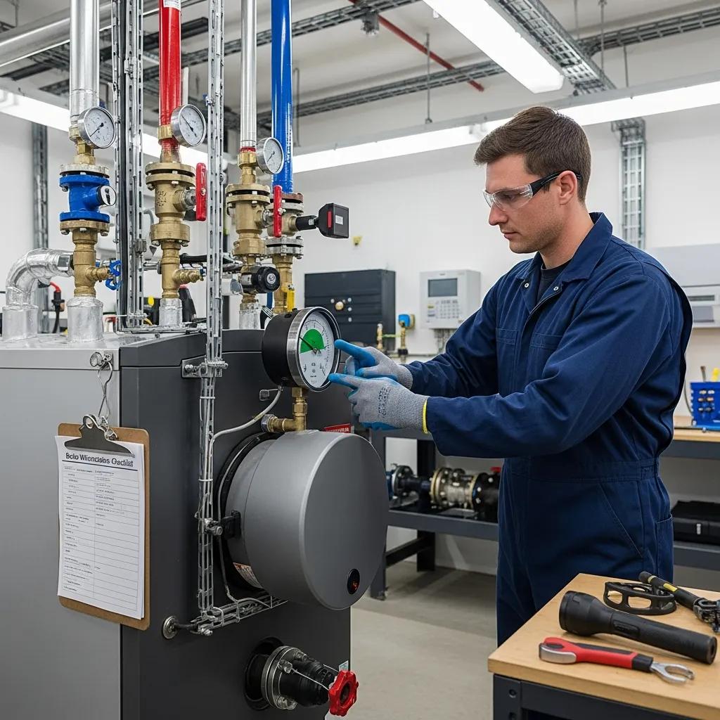 Technician inspecting a residential boiler and piping ahead of winter