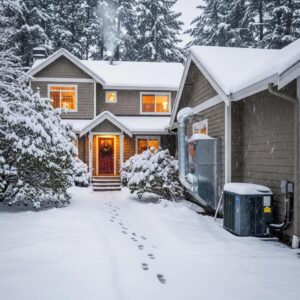 Winter HVAC maintenance scene with a cozy home and visible heating units