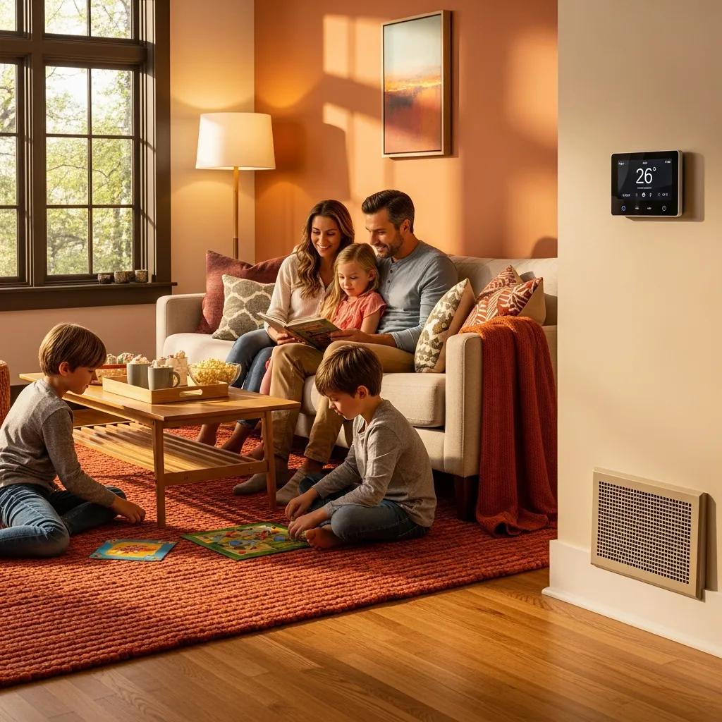 How to Identify and Fix Uneven Heating Issues Today 2 Cozy living room with family enjoying warmth from heating vent, emphasizing home comfort