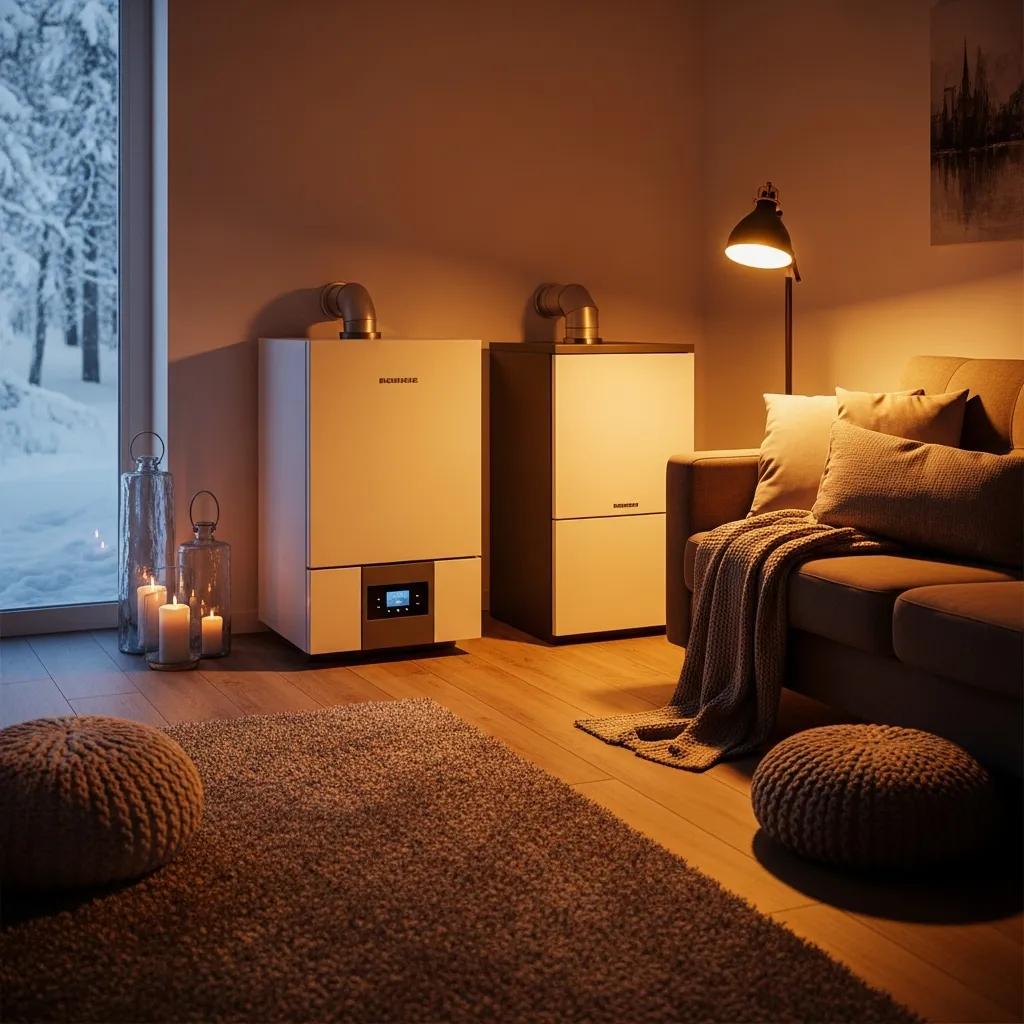 Boiler vs. Furnace: Discover the Best Heating System for You 1 Modern boiler and traditional furnace in a cozy home setting, emphasizing heating system choices