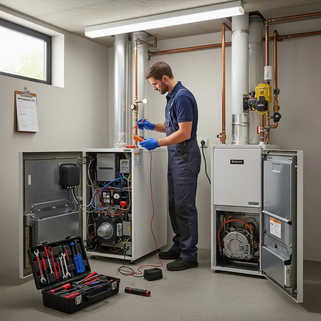 Boiler vs. Furnace: Discover the Best Heating System for You 2 A technician servicing a boiler and checking a furnace, showing typical maintenance tasks