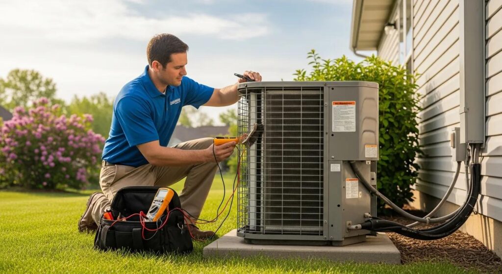 Why Annual AC Tune-Ups are Essential for Your System 1 Technician performing an annual AC tune-up on a residential air conditioner