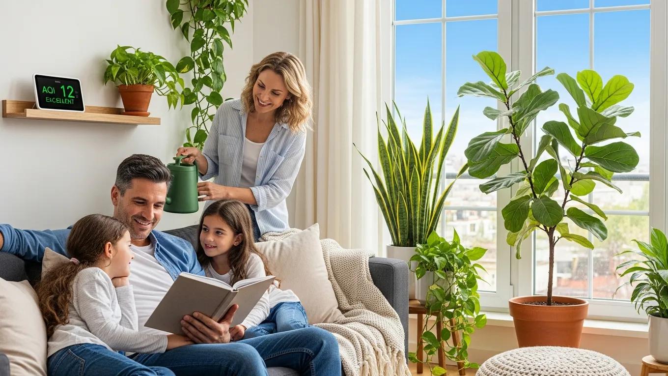 Guide: When to Change Your Air Filter 3 Family enjoying clean air in a bright living room, illustrating the benefits of timely HVAC filter replacement