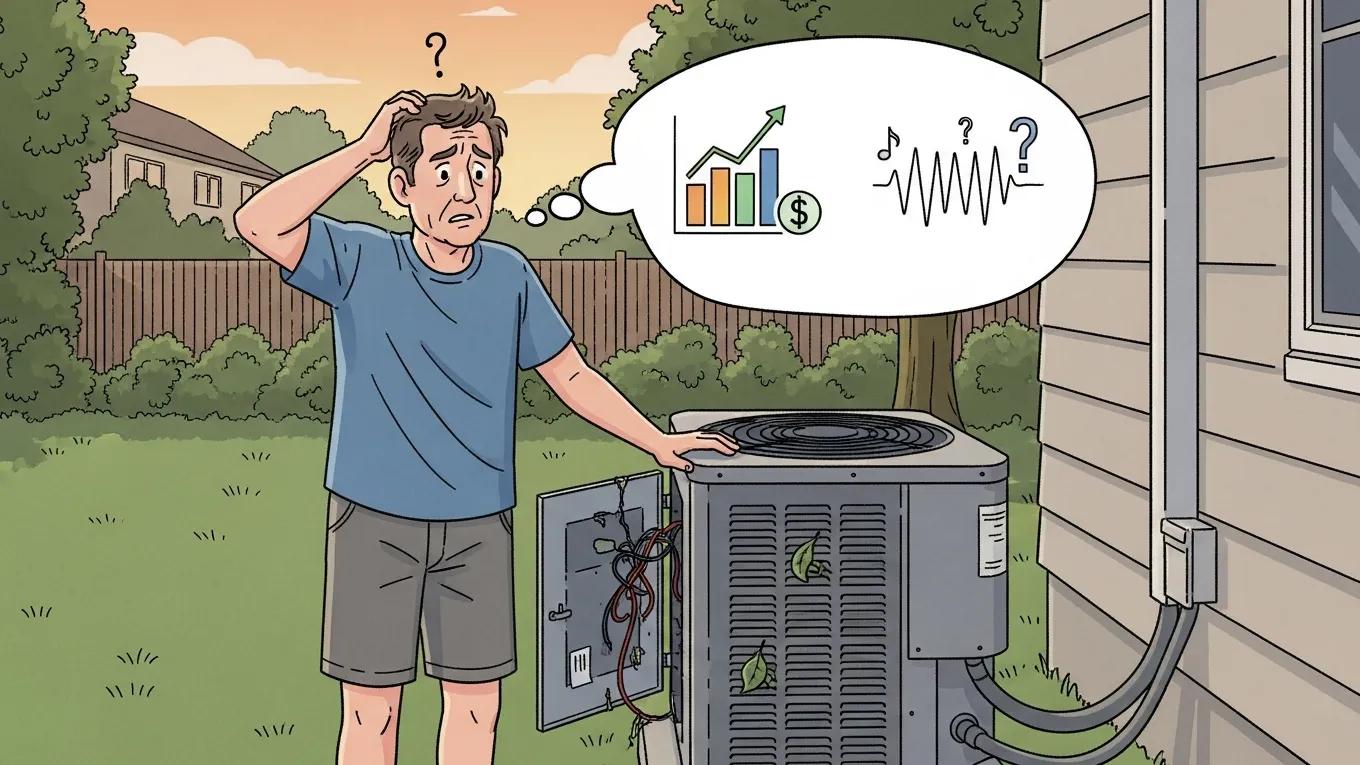 Signs Your AC Isn't Starting? Check for Capacitor Failure 2 Homeowner observing signs of a faulty AC capacitor with visible indications of system distress