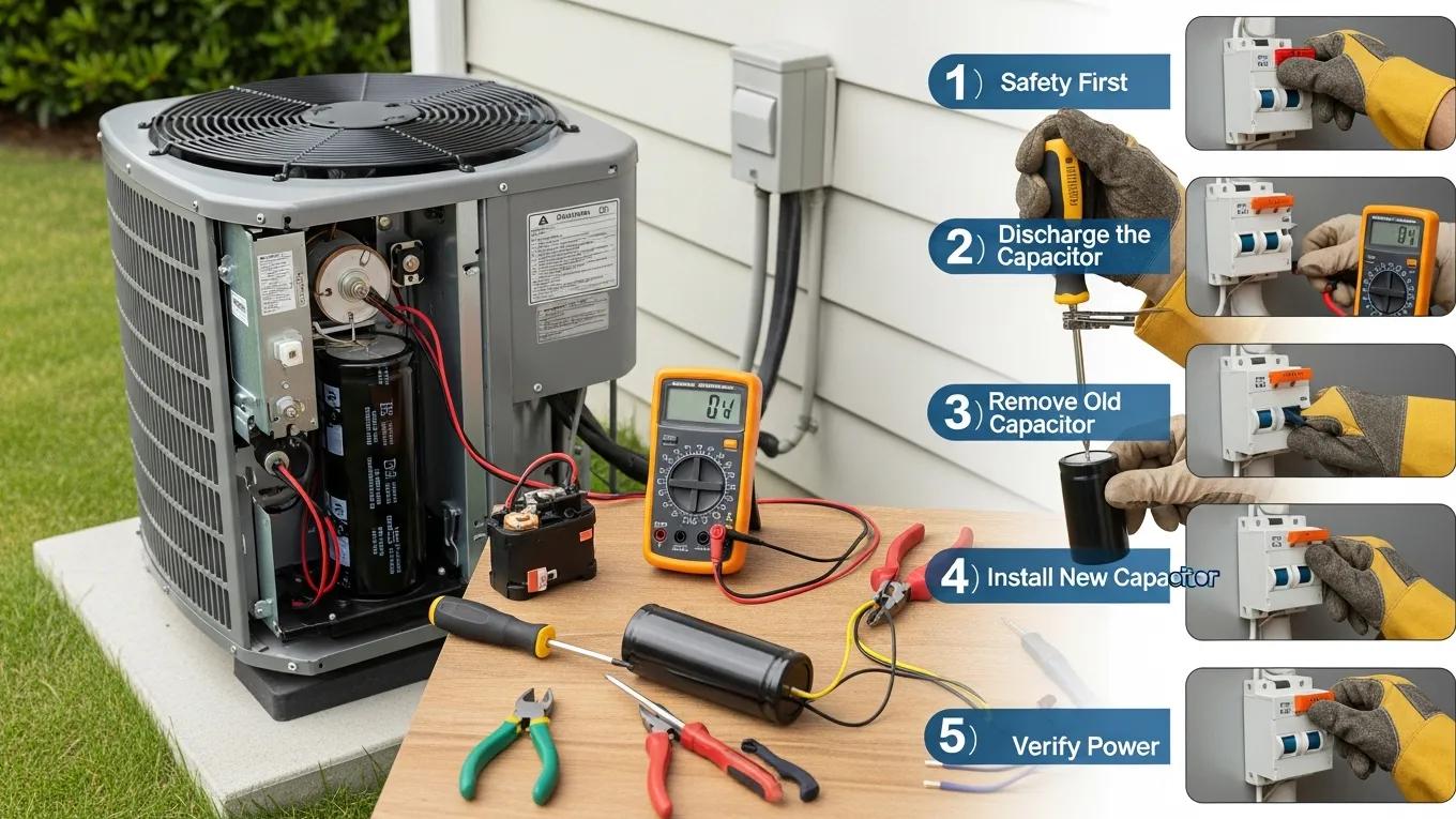 Signs Your AC Isn't Starting? Check for Capacitor Failure 3 Step-by-step guidance on AC capacitor replacement showcasing essential tools and safety measures